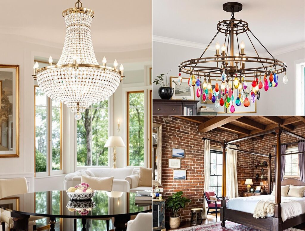 Collage de différents types de lustres : un lustre en cristal dans une salle à manger, un lustre moderne dans un salon, un lustre industriel dans une cuisine et un lustre bohème dans une chambre.