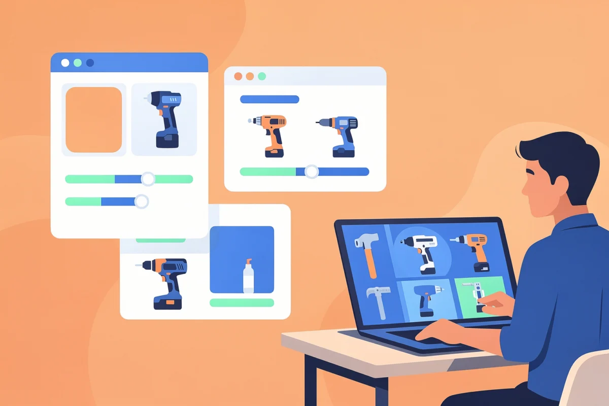 Marketplaces bricolage : comparer vite, mais garder la Marketplaces bricolage : comparer vite, mais garder la main sur la qualité — Illustration — achat matériel bricolage — M