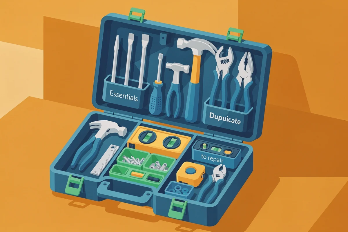 Trier et assainir : repartir d’un inventaire fiable Trier et assainir : repartir d’un inventaire fiable — Illustration — boîte à outils bricolage — Mon Coach Brico